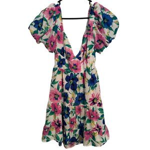 Xtraordinary Floral Puff Sleeve Open Back Tiered Mini Dress Pink Blue‎ Large g2